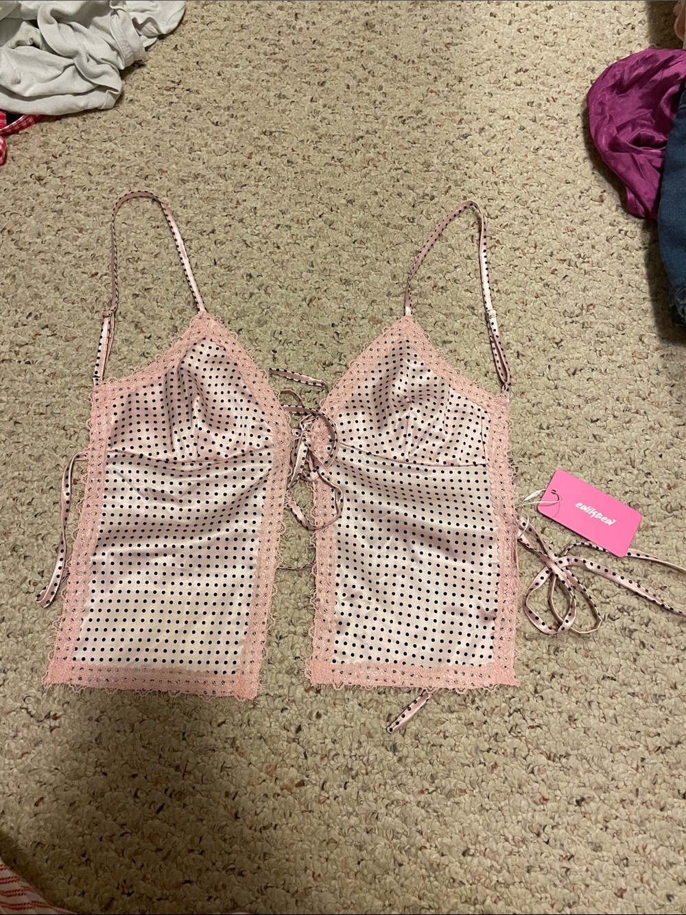Edikted Pink Polka Dot Lace-Up Cami Tag Detail